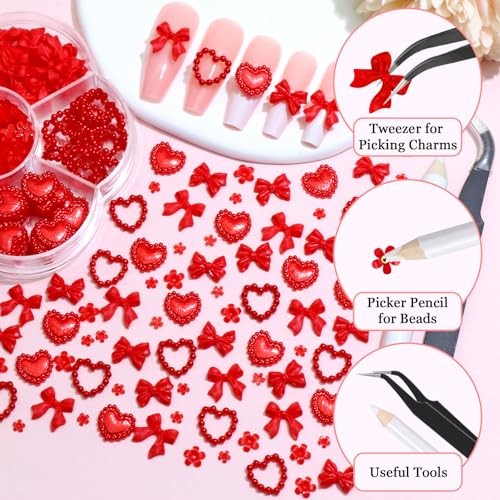 Heart Bow Nail Charms Valentine’s Day Charm for Acrylic Nails 3D Tiny Red