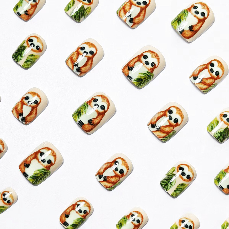 48pcs Short Square Press on Nails, Sloth Tree Leaf Hand Paint Cartoon Nails
