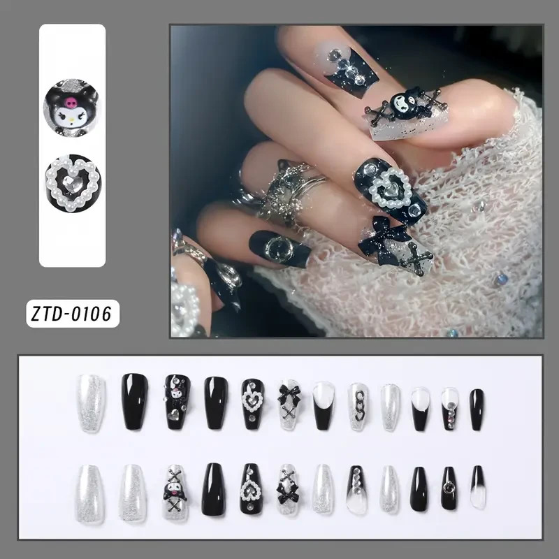 Handmade Long Ballet Press-On Jelly Nails 24 pcs Set Glitter Sanrio Kuromi