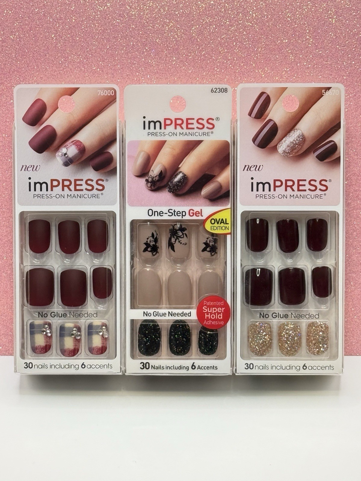 Kiss imPRESS No Glue Press-On Nails Burgundy Wine Nude Glitter Lot Of 3