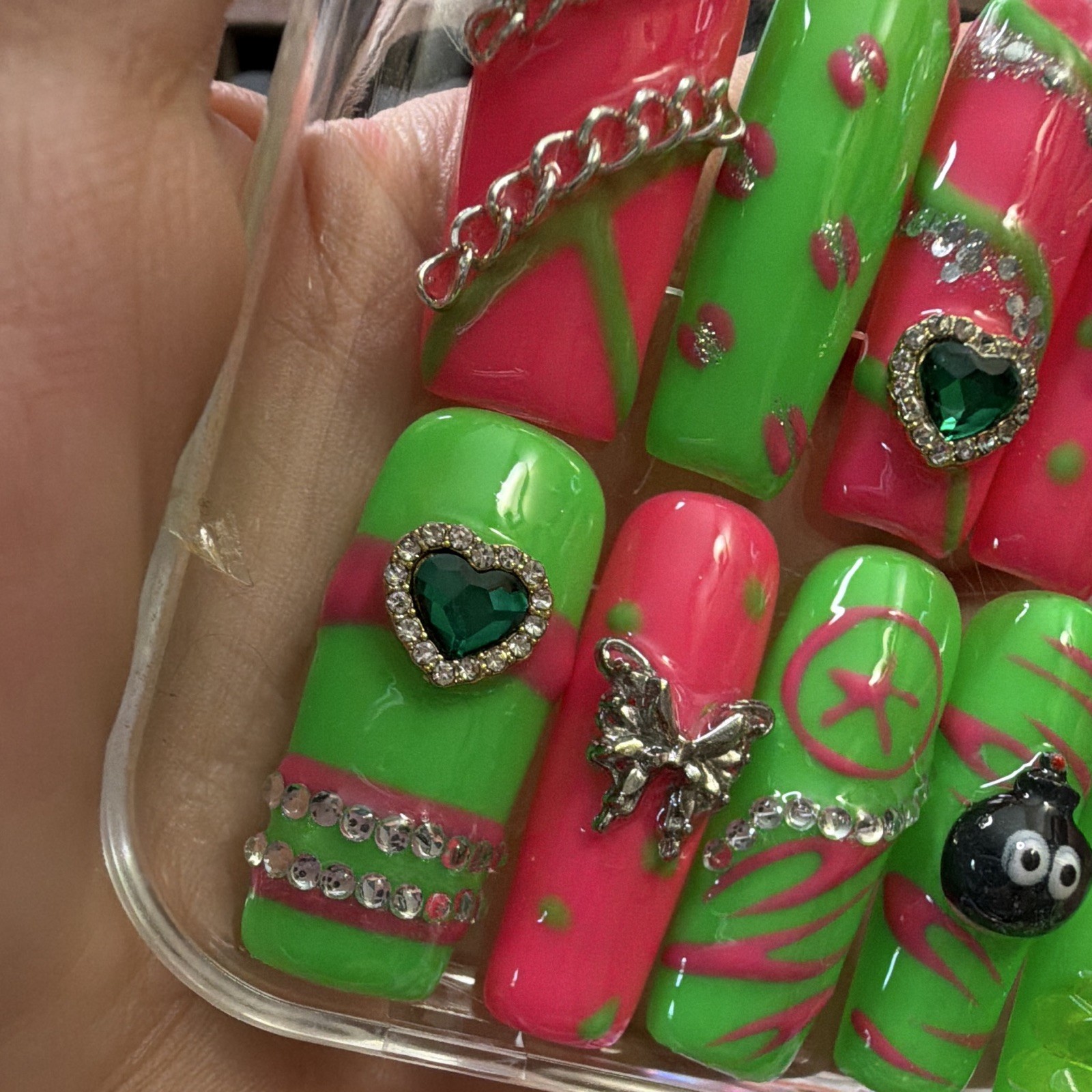 3D Star Square Press-On Nails Long Full Cover Green Pink Acrylic Pre-Designed