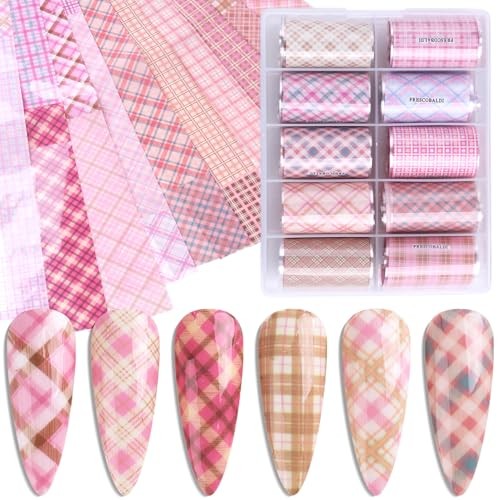 Nail Foil Transfer, 10 Rolls/Box Pink Nail Stickers Transfer Sheets Plaid