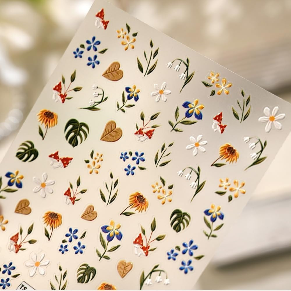 Flower Nail Stickers Floral Daisy Nail Decals 5D Embossed Blue Yellow Nail Desig