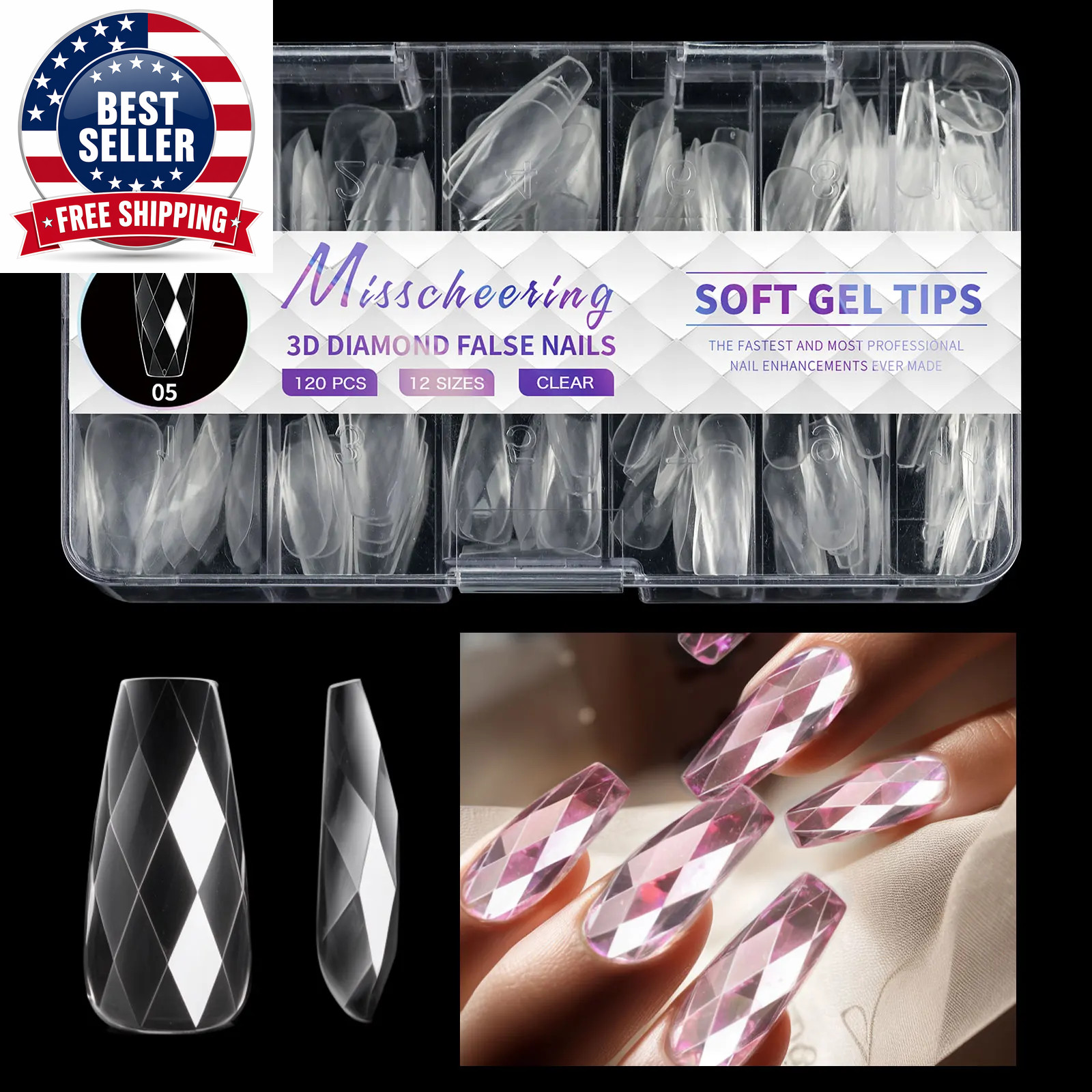 Diamond Shaped 3D Almond Nails Transparent Non-Marking Frosted Square Oval Weara
