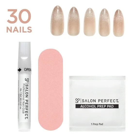 Salon Perfect Magnetic Silver Press On Nails – 30 Count Medium Almond