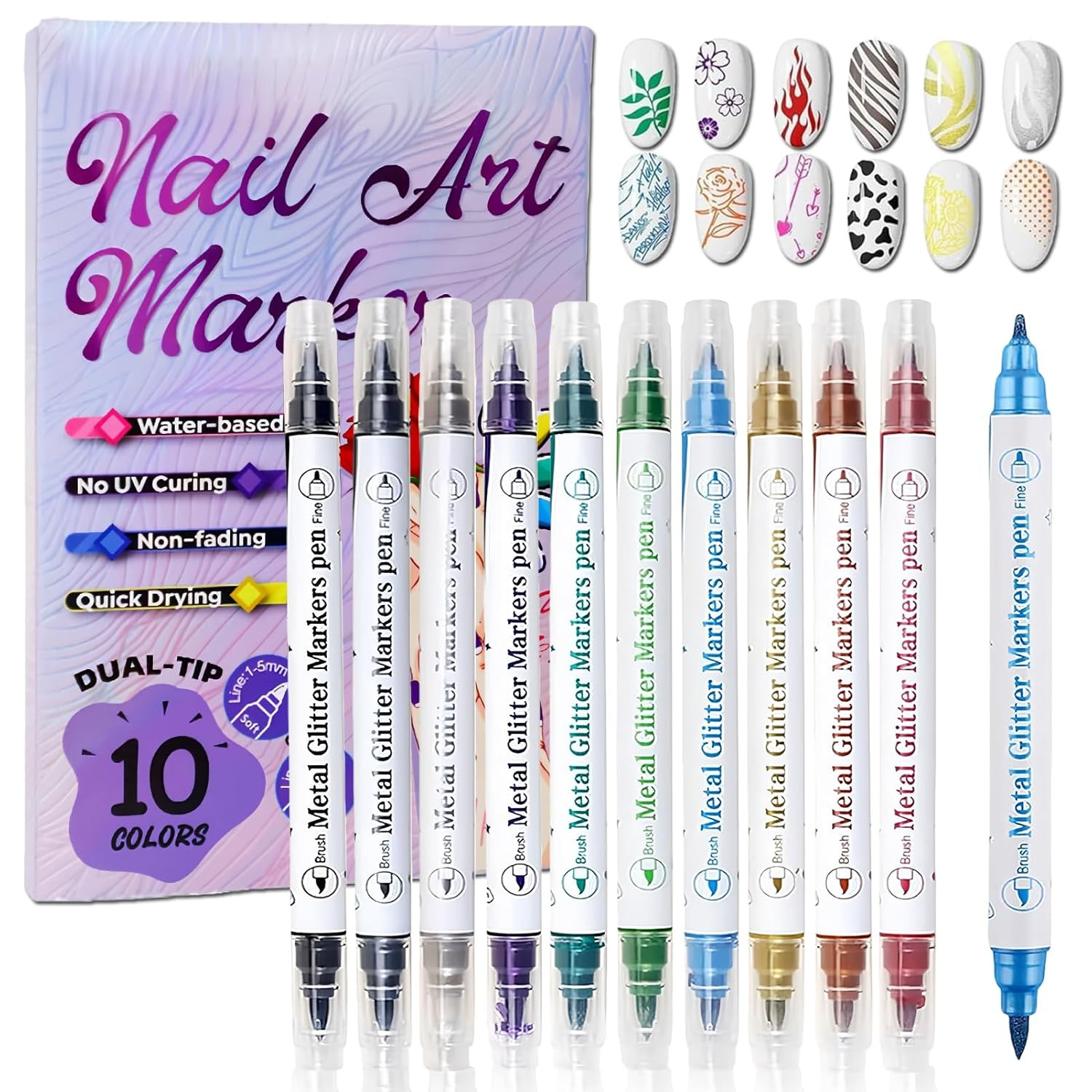 10 Colors Nail Art Pens Set, Dual Tip Metallic Nail Art Markers