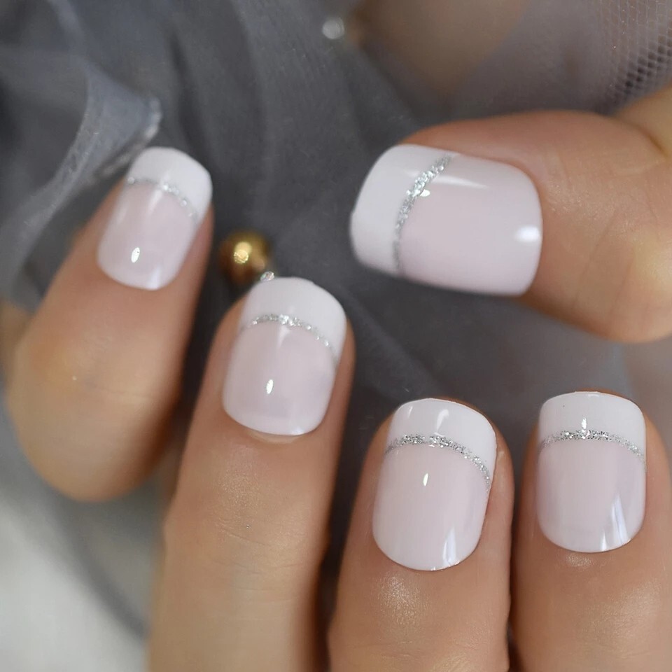 24 Short Silver glitter line French mani tip Press on nails set with glue white