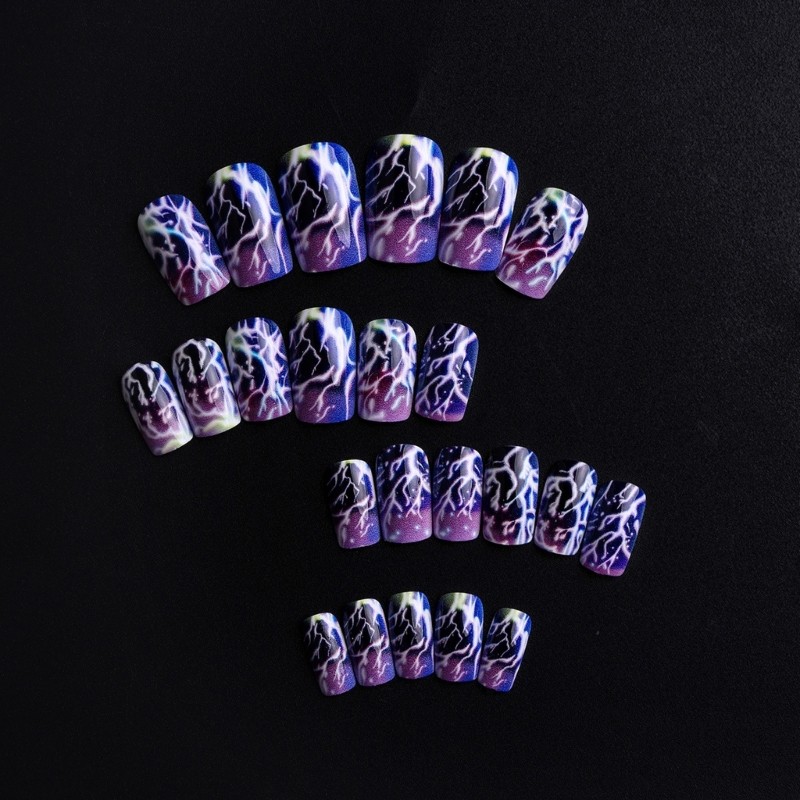 24pcs Dark Aesthetic Faux Nail Purple Lighting Design Party Daily Wear
