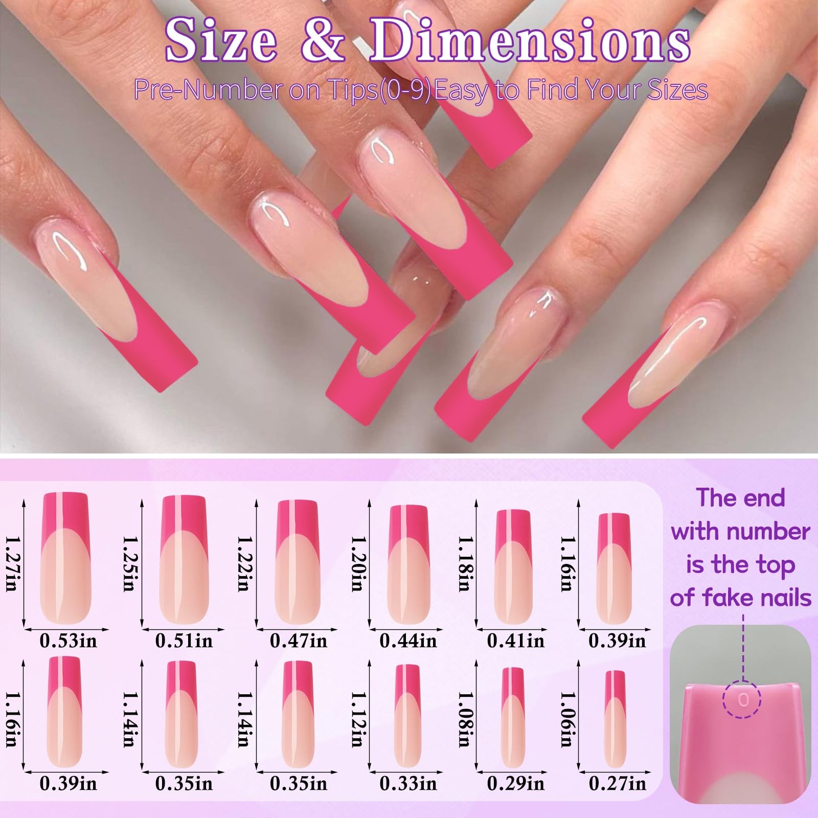 216PC Hot Pink French Tip Press on Nails Long Fake Nails Press ons with 10*Ad…