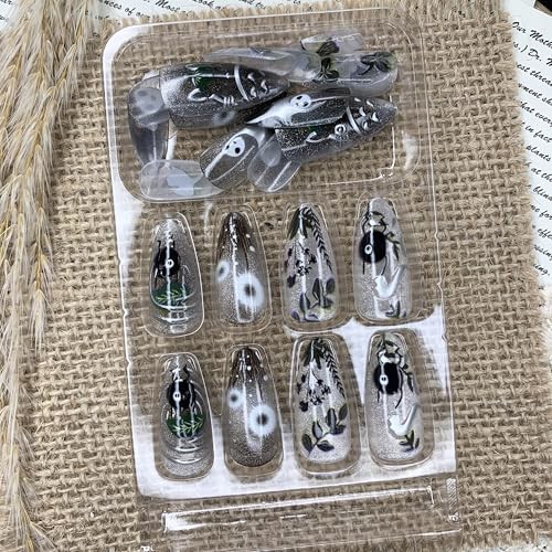 24pc Medium Almond Stiletto Black Gothic Press On Nails Glue On Fake Nails