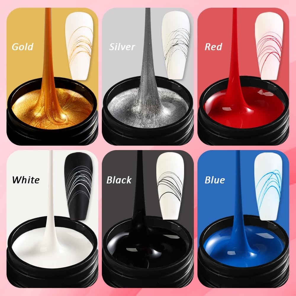 6 Colors Spider Gel Set Elastic Drawing Spider Gel with Nail Art Brush White