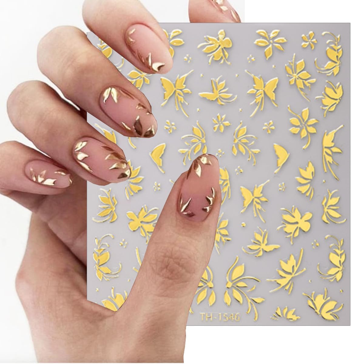 6 Sheets Gold 3D Nail Stickers Flower Leaf Nail Art Decals Self Adhesive Set 6