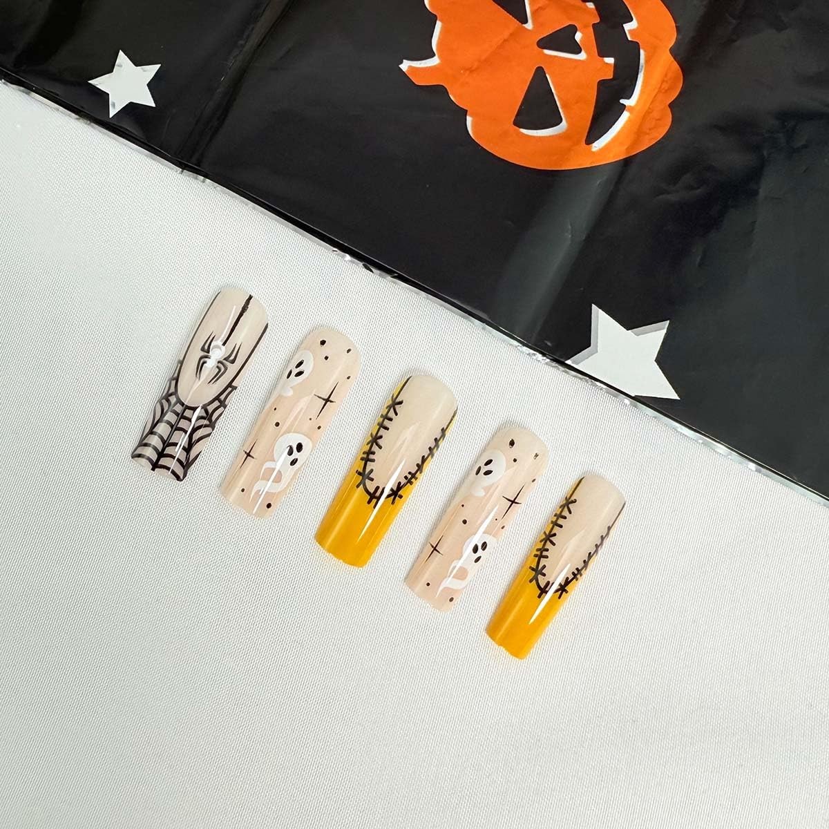 24Pcs Halloween French Tip Press on Nails Long Coffin Fake Nails With Design …