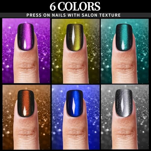 Cat Eye Nails – 6 Short Square Squares – Purple/Green/Orange/Yellow/Blue/Black