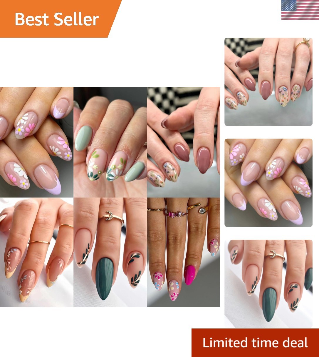 Expressive 144 Pcs Floral Almond Press On Nails Set – Quick & Easy Application