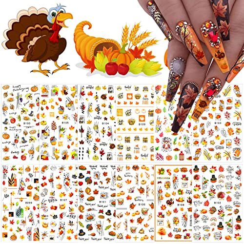 12 Sheets Fall Nail Art Stickers 3D Autumn Leaves Nail Decals Self-Adhesive A2