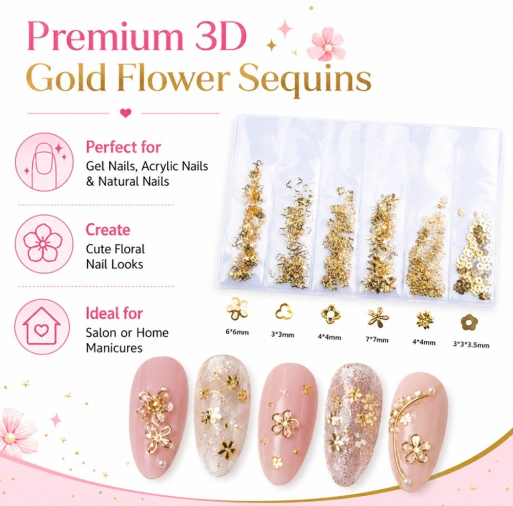 Gold 3D Nail Art Decorations – Ocean Rivets, Shell Rhinestones for Manicure Tips