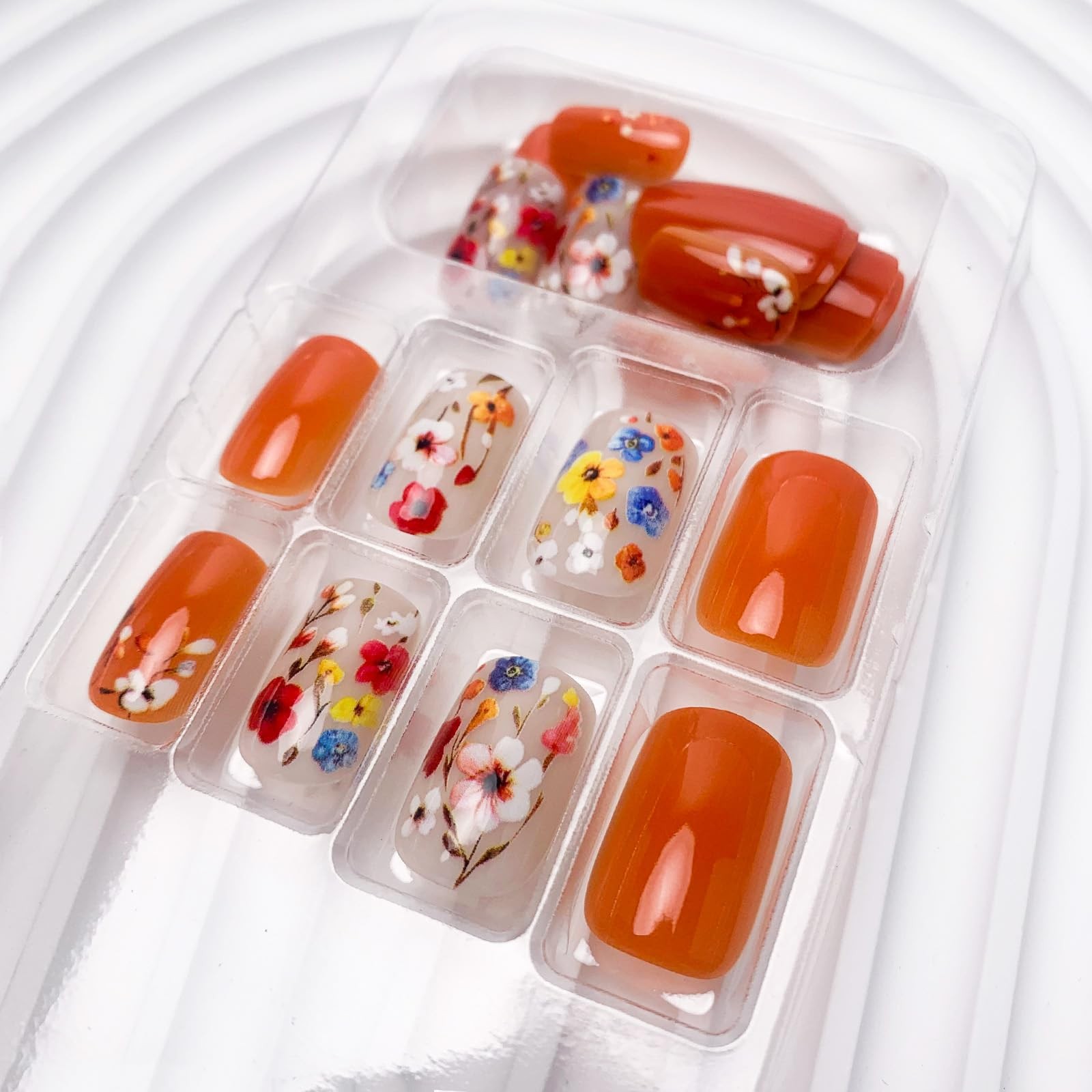 Flower Press on Nails Short Square Medium (Pack of 24), Style 18
