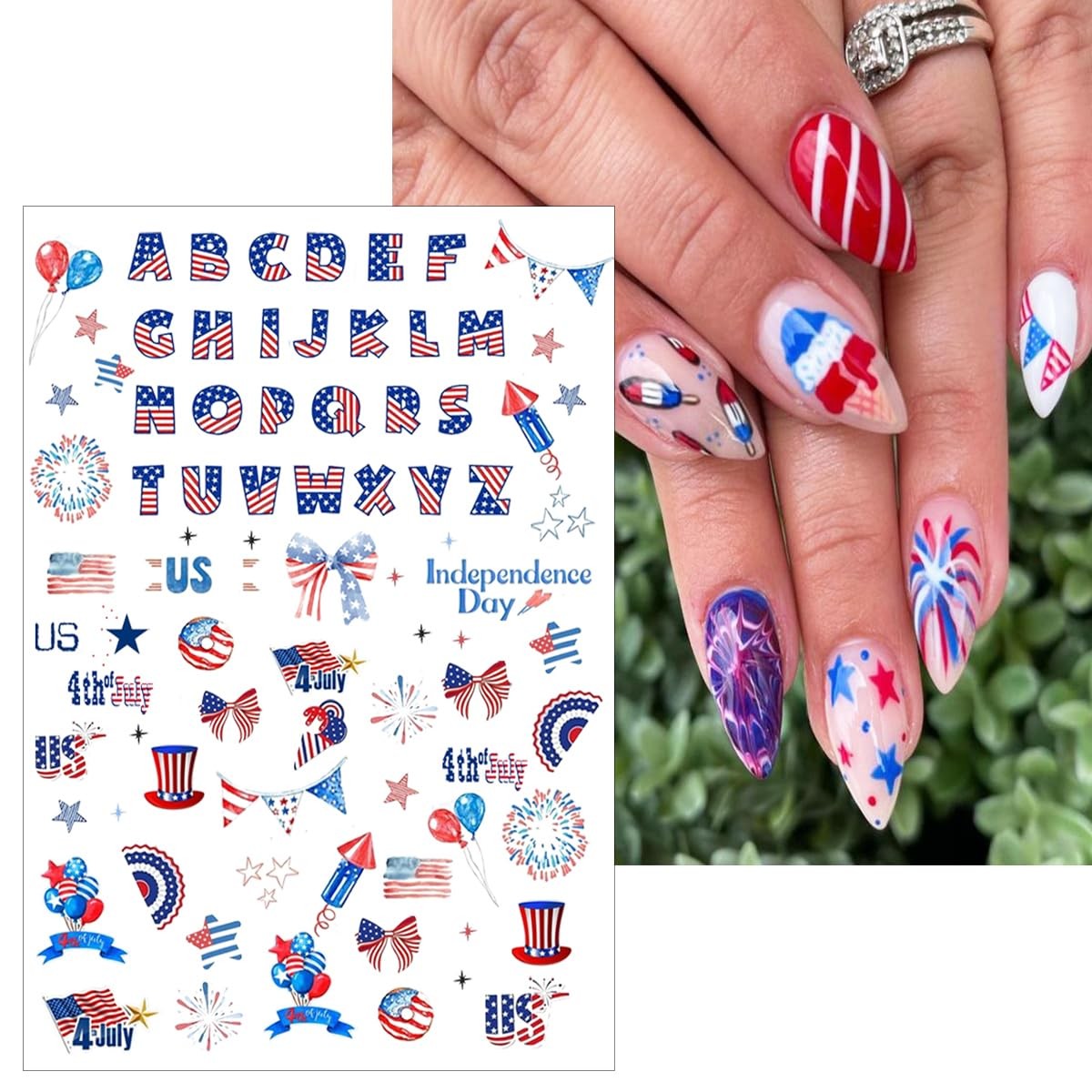 6 Sheets 4th of July Nail Stickers for Nail Art 3D Self Adhesive Independence…