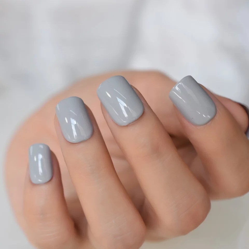 24 Gray Short Press On Nails Glue Kit grey glossy gel light pale shiny nice diy