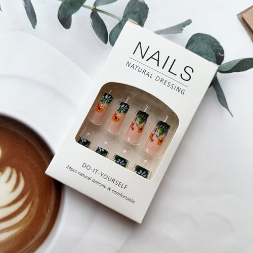 24 Pcs Flower Press on Nails Medium Fake Nails Square Shape False Style-A12