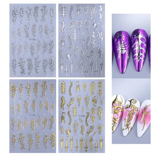 4 Sheets Goth Nail Stickers for Nail Art 3D Punk Style Black Belt Nail Art Q14