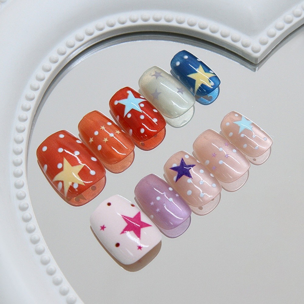 30 pcs Glitter Cat Eye Nails with Star Design Removable Press On Nails