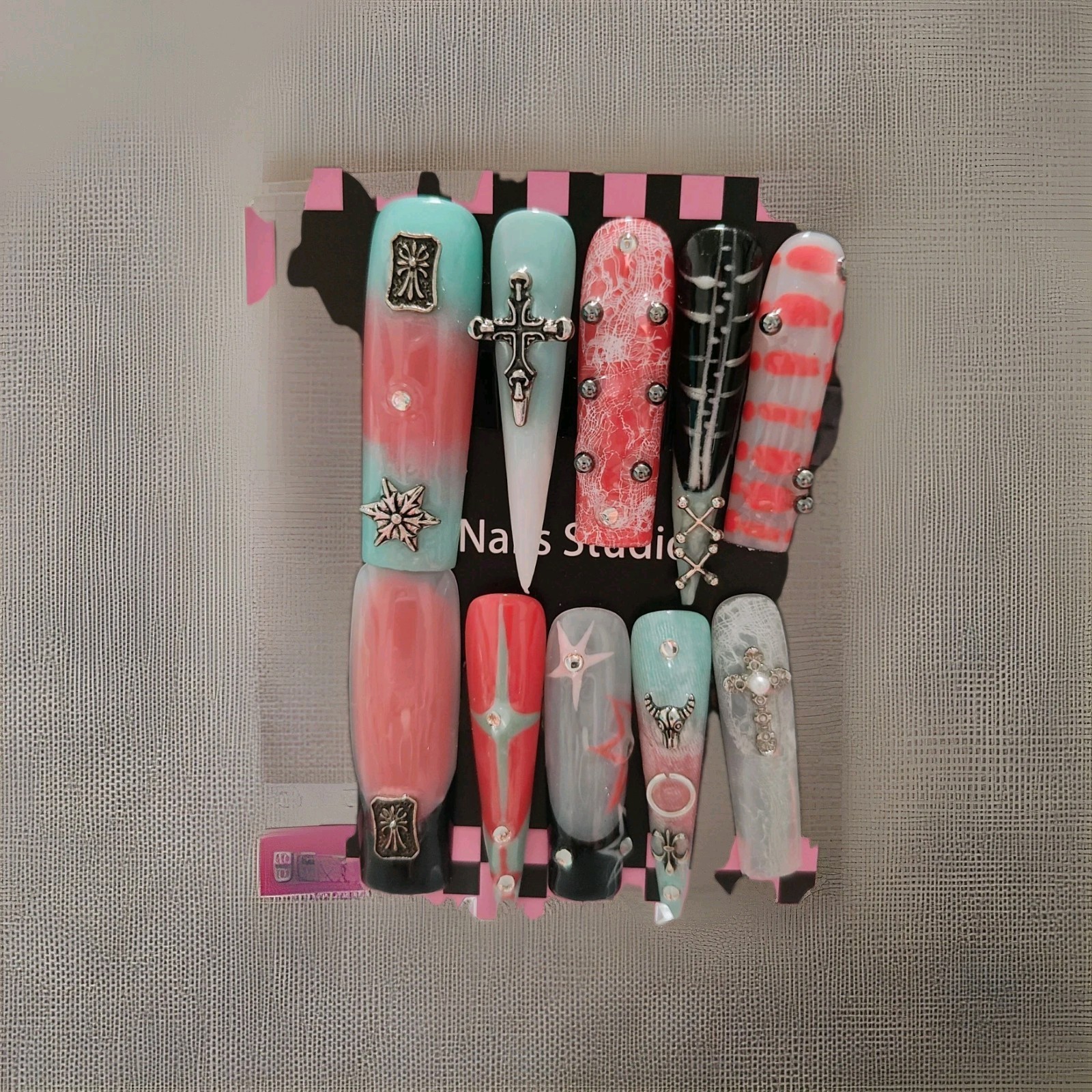 Custom Pink Blue Black Extra Long Coffin Stiletto 3D Cross Star Press-On Nails