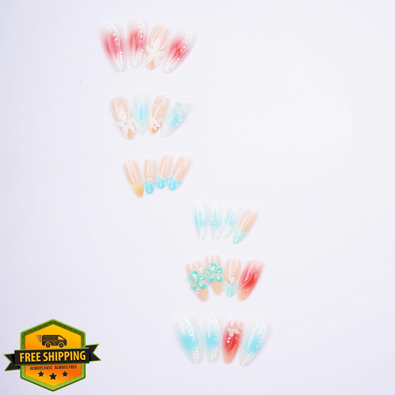 FDSQHSA Medium Almond Press On Nails Flower-17