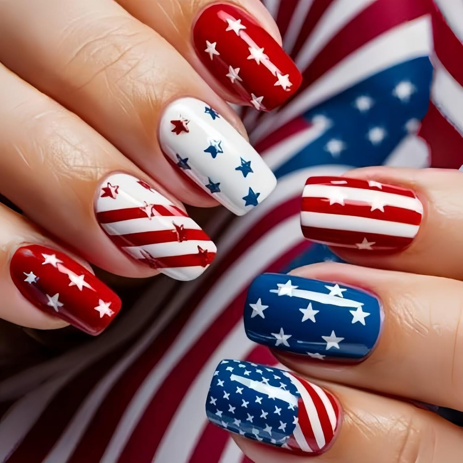 4Th of July Press on Nails Medium Square Fake Nails Red Blue False Nails with Li