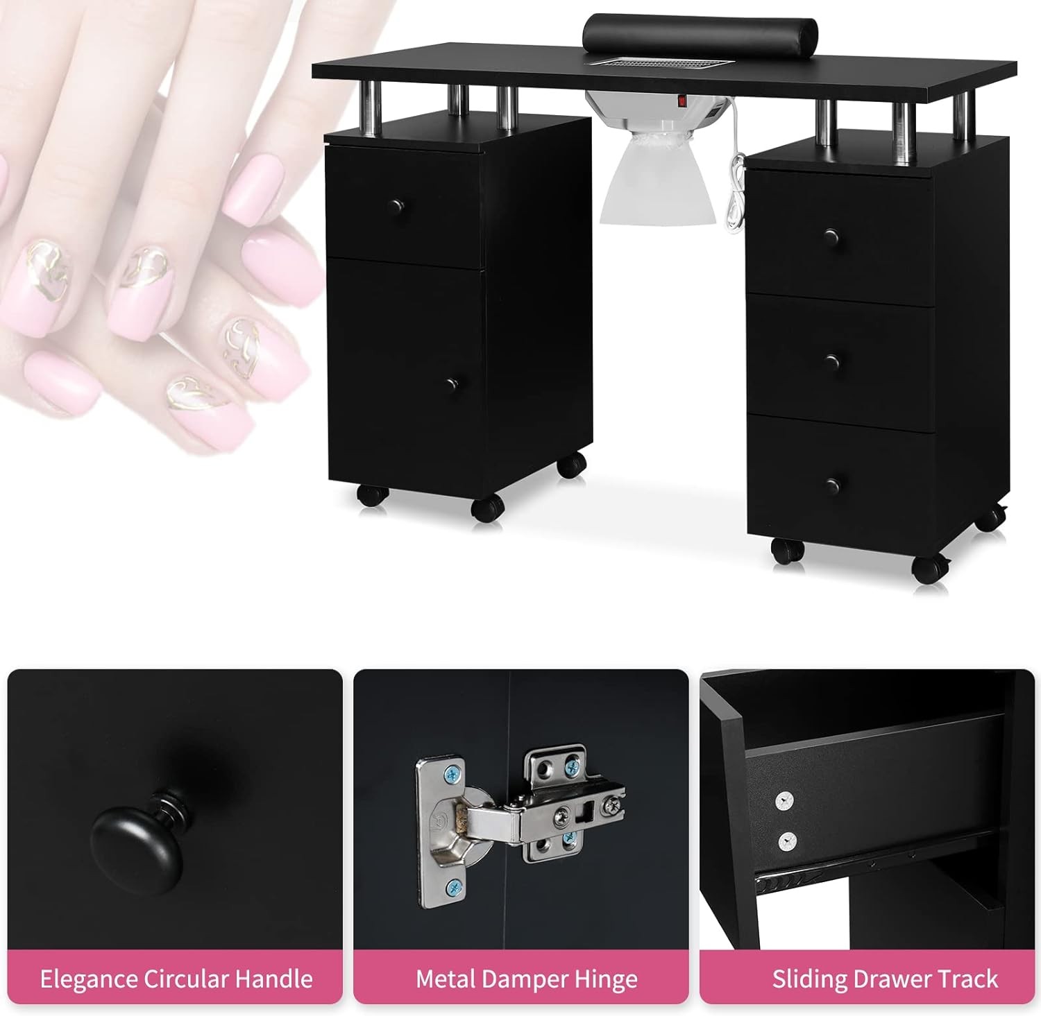 Manicure Table Nail Desk with Storage Drawers, Dust Collector, Lockable Wheels