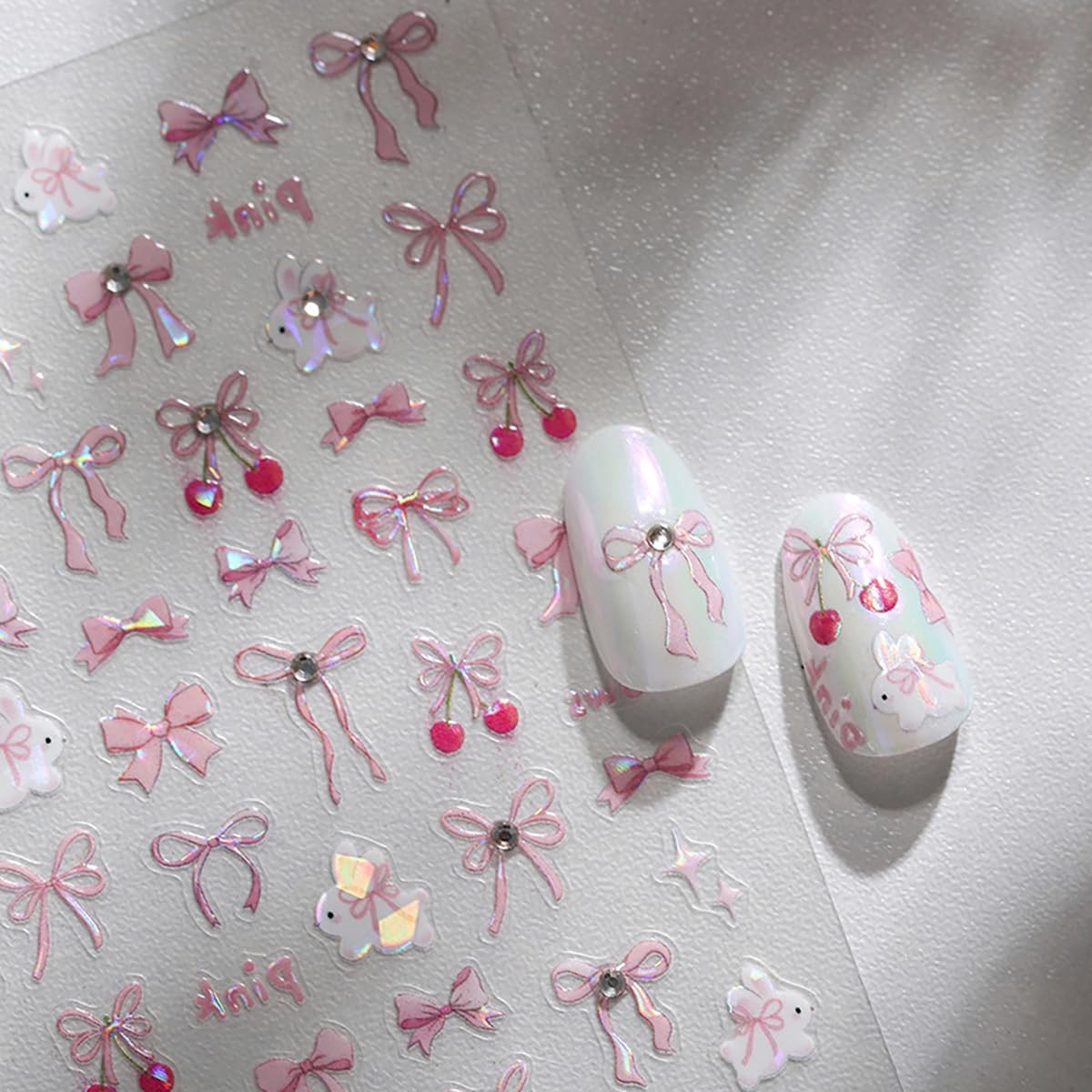 1Pcs Bow Nail Stickers for Nail Art 5D Pink Bow Nail Decals Embossed Cute Rab…