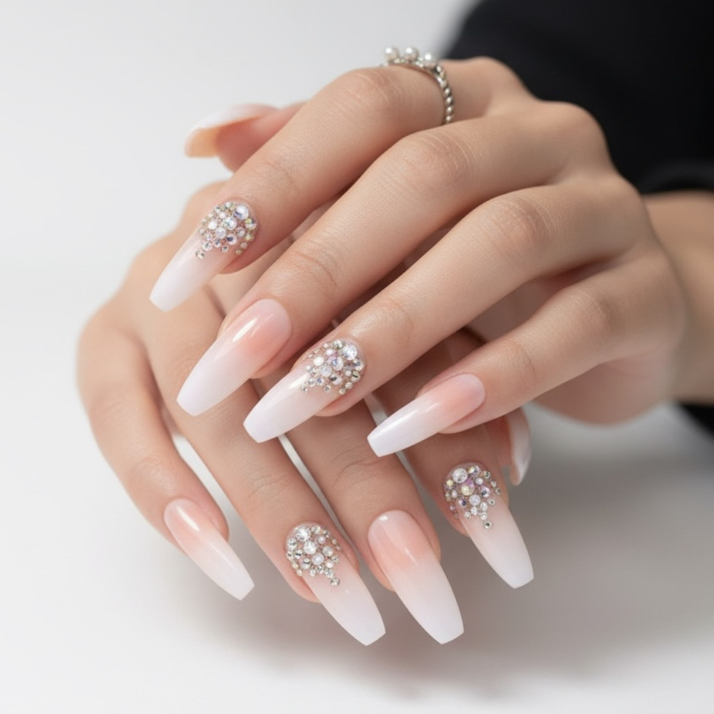 Nude Pink White Ombre French 3D Crystal Ballerina Extra Long Press On Nails Set