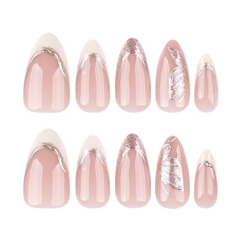 3D Nude Pink Butterfly French Press-On Nails, Almond Medium 14.pink butterfly
