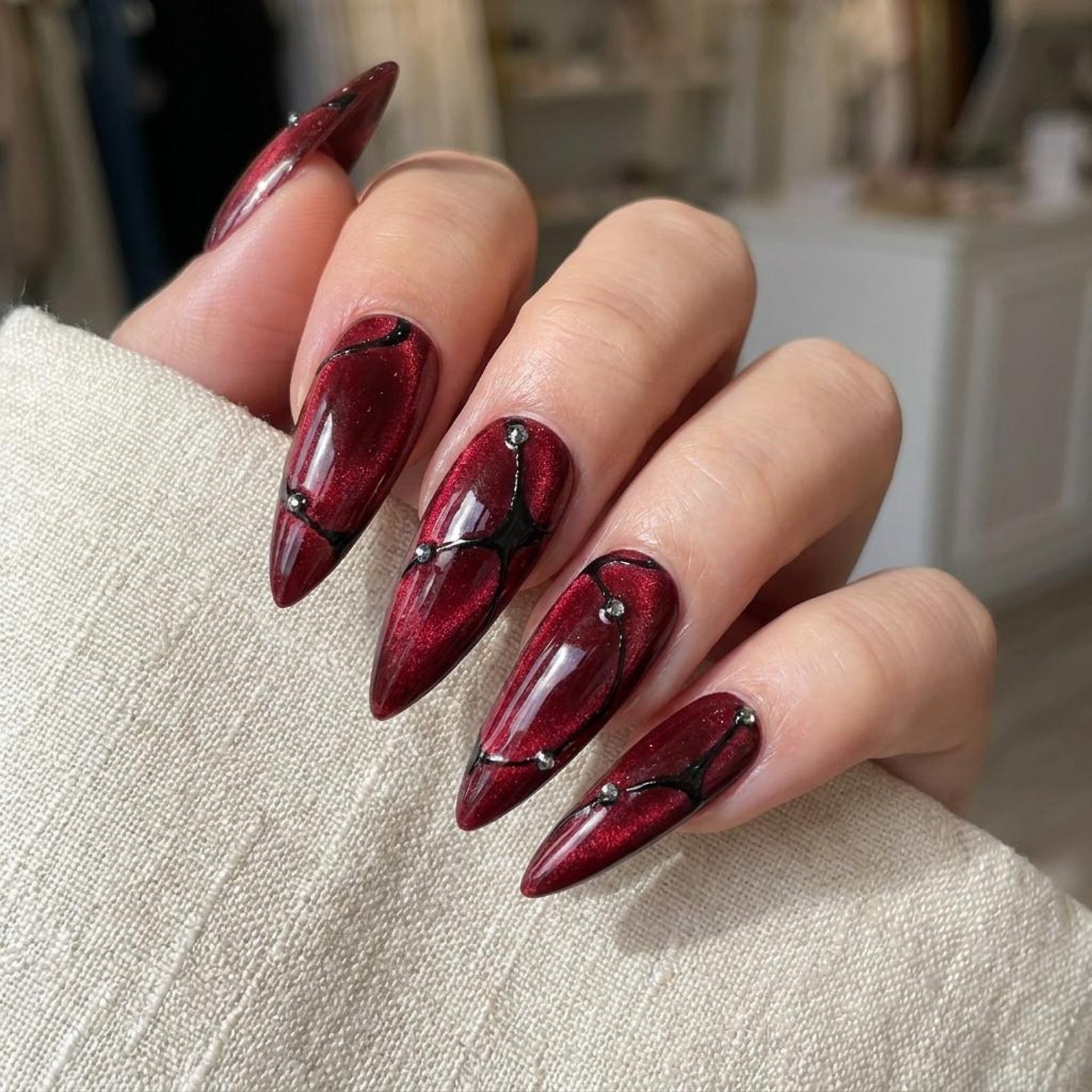 Custom Handmade Halloween Burgundy Cat Eye Black Line Rhinestone Press on Nails