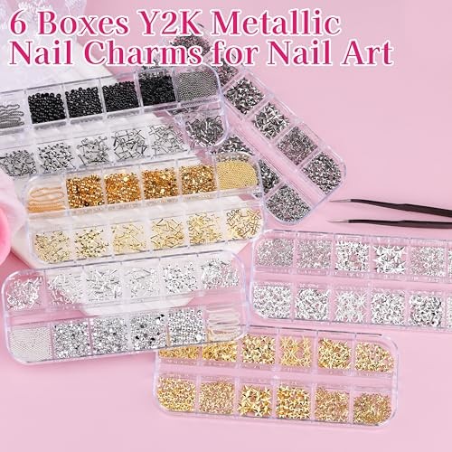 6 Boxes Gold Silver Star Nail Charms, 3D Metal Cross Nail Art Studs Gold