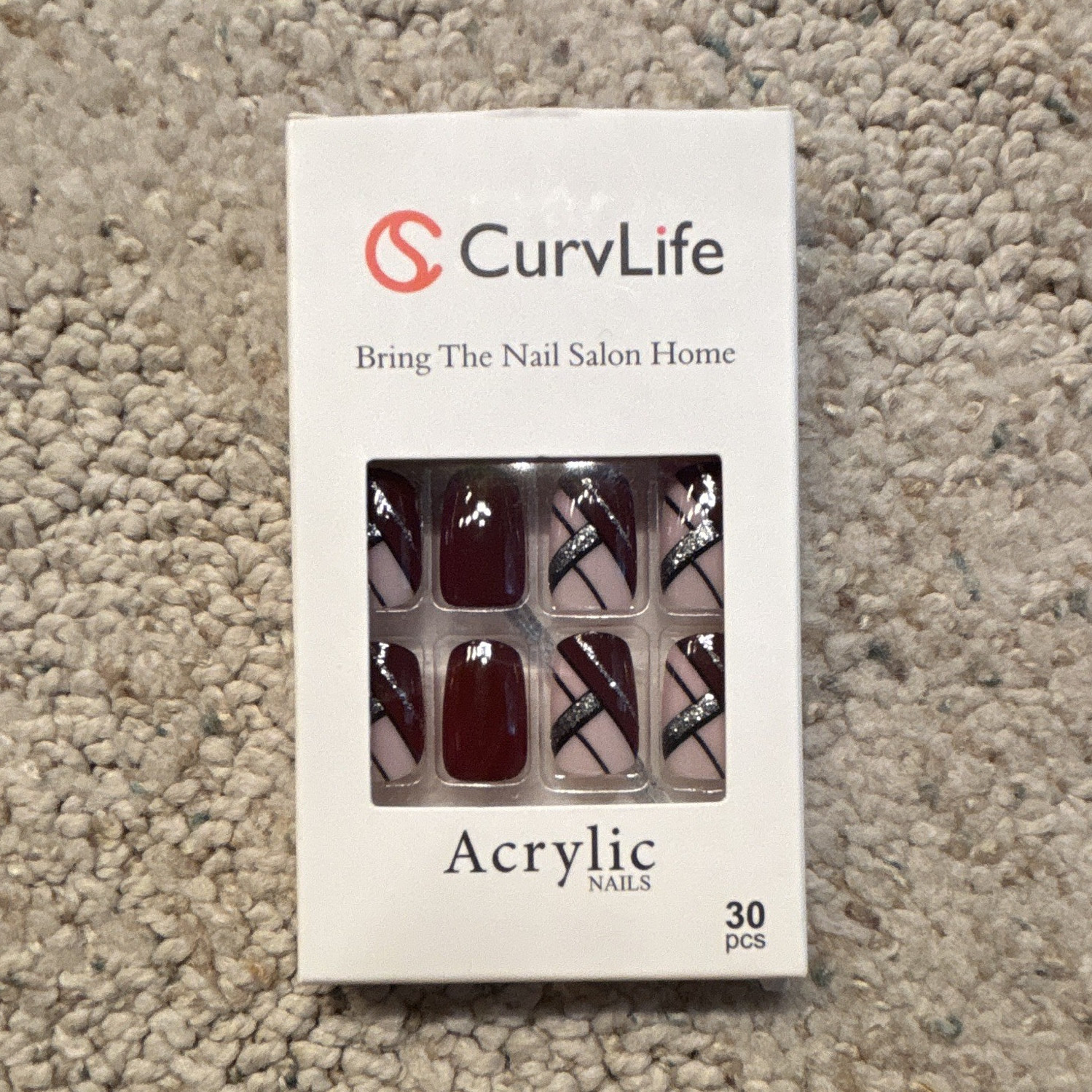 CurvLife Acrylic Press-On Nails Burgundy/Nude/Black Glitter Square Medium 30pc