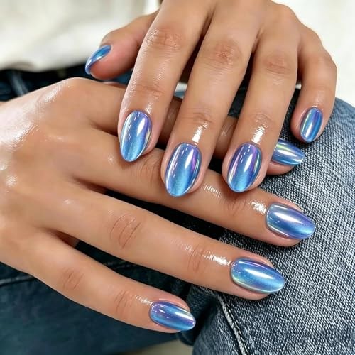 Chrome Press On Nails Short Oval – 32 Pcs Glazed Royal Blue Fake Nails Press
