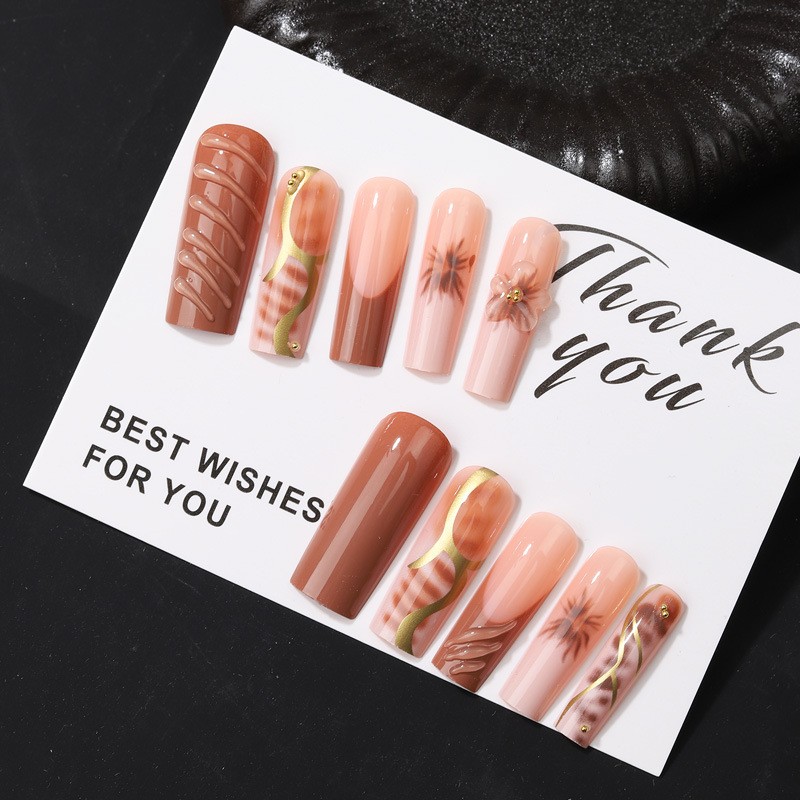 48 Pcs Gold Line Floral Coffin Press on Nails, Elegant Autumn Trendy Fake Nails