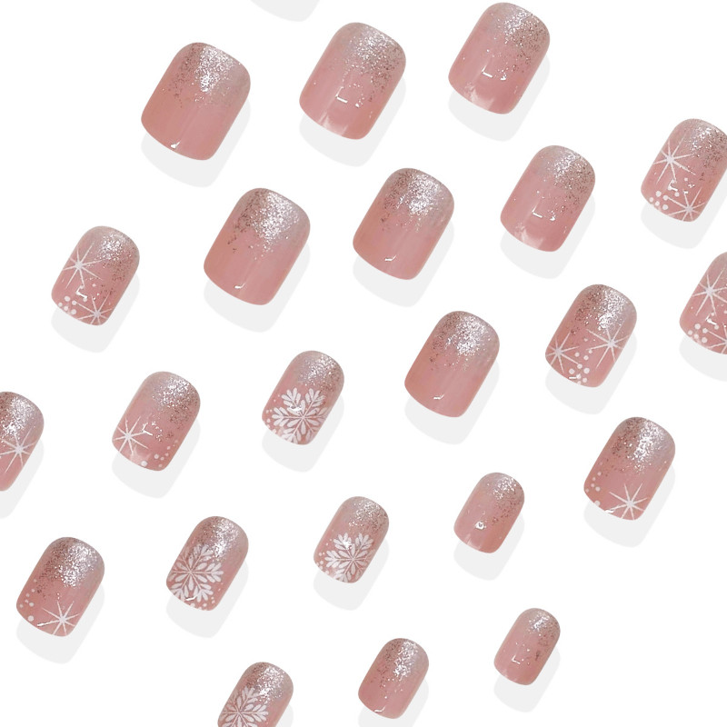 48 Pcs Silver Snowflake Pink Gradient Coffin Press on Nails, Elegant Fake Nails