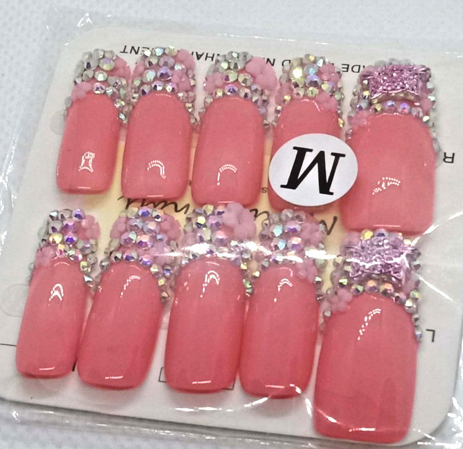 Stunning 10 pc. SIZE MED. Pink Rhinestone Handcrafted Square 3D Press on nails