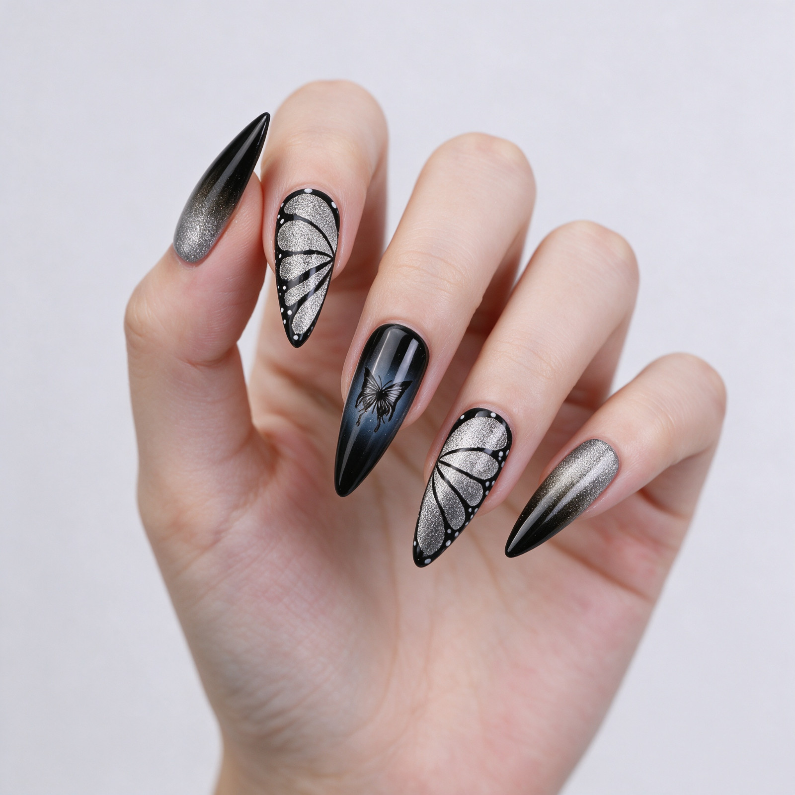 Press On Nails Long Stiletto Black Silver Butterfly Wing Glitter Gothic Nail Set