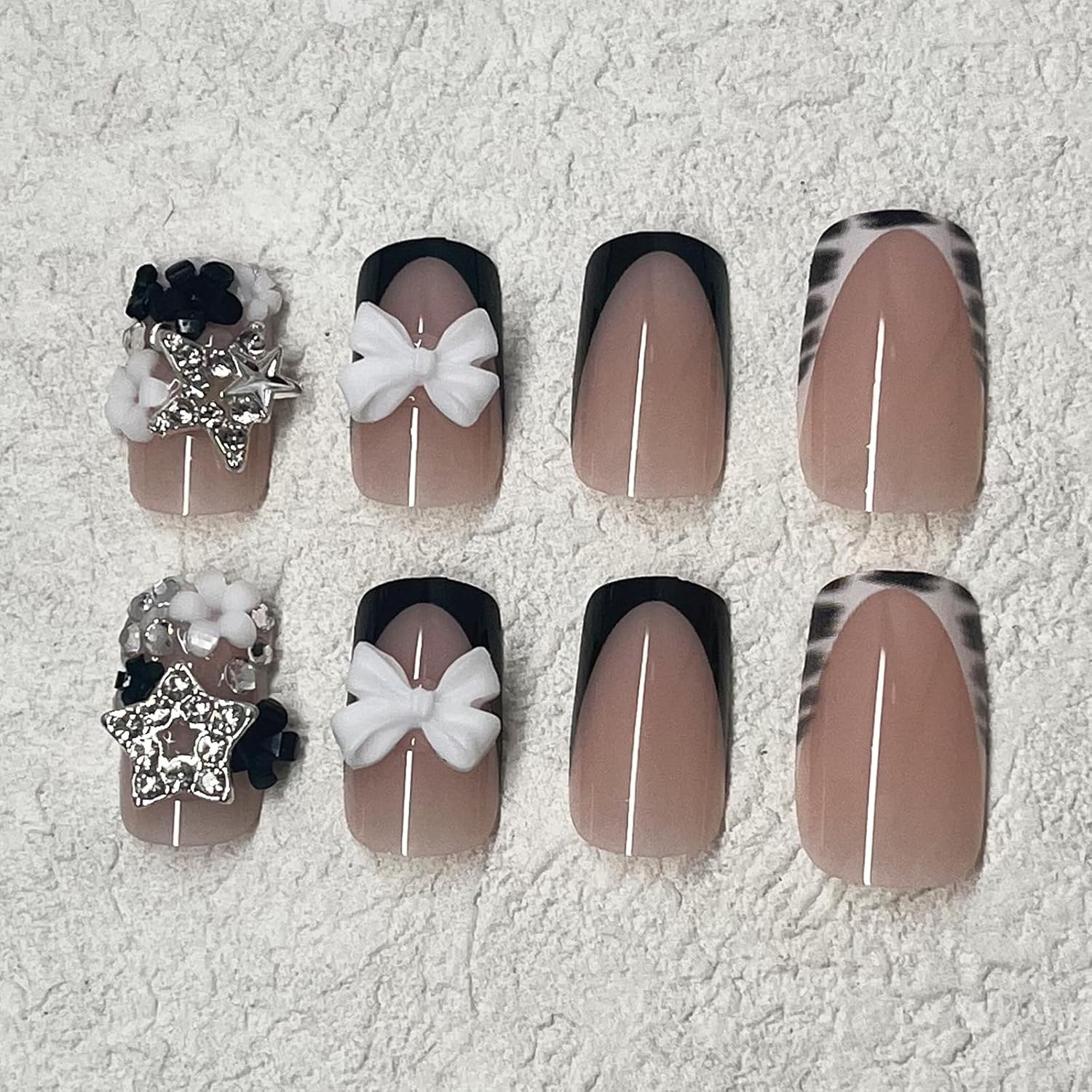 French Tip Press on Nails Short Square Fake Nails with Bow Charms Designs Bla…