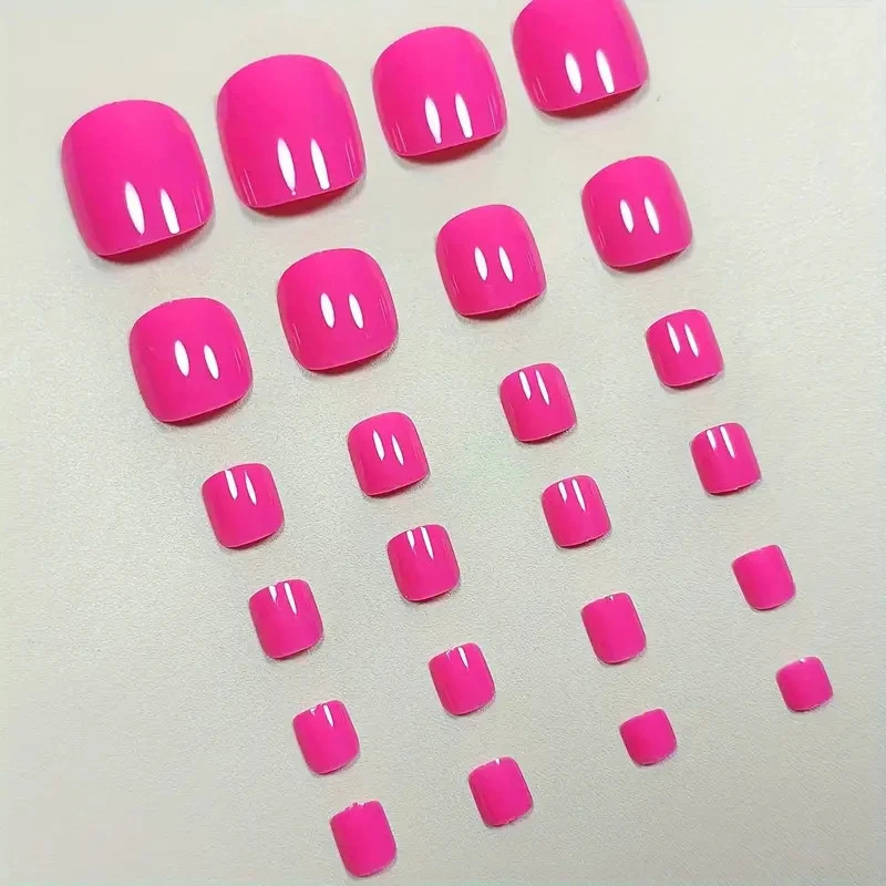 24PCS Solid Hot Pink Short Square Press On Toenails Seamless Fit Fake Acrylic