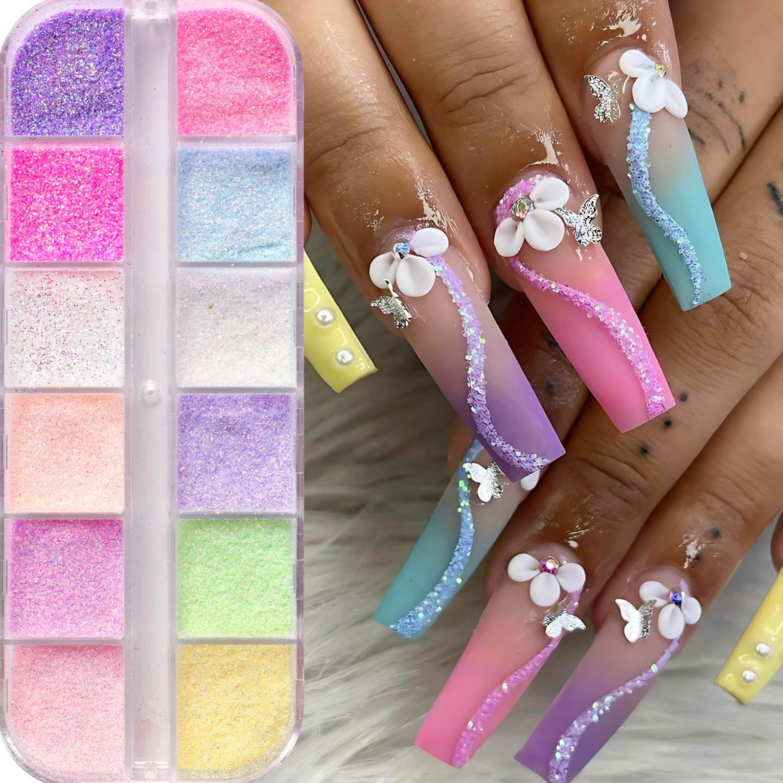 12 Colors Sugar Nail Glitter Set With Natural Abalone Shell Flakes, Holograph…