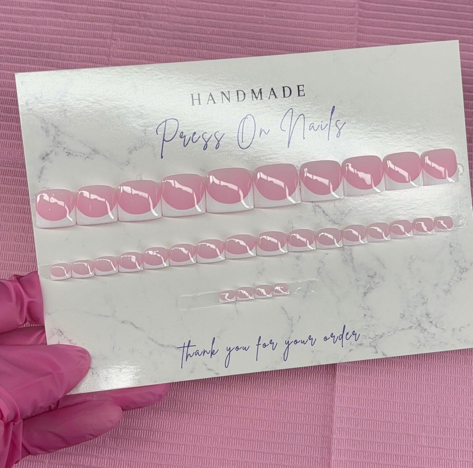 press on toenails pink nude white French tips handmade gel