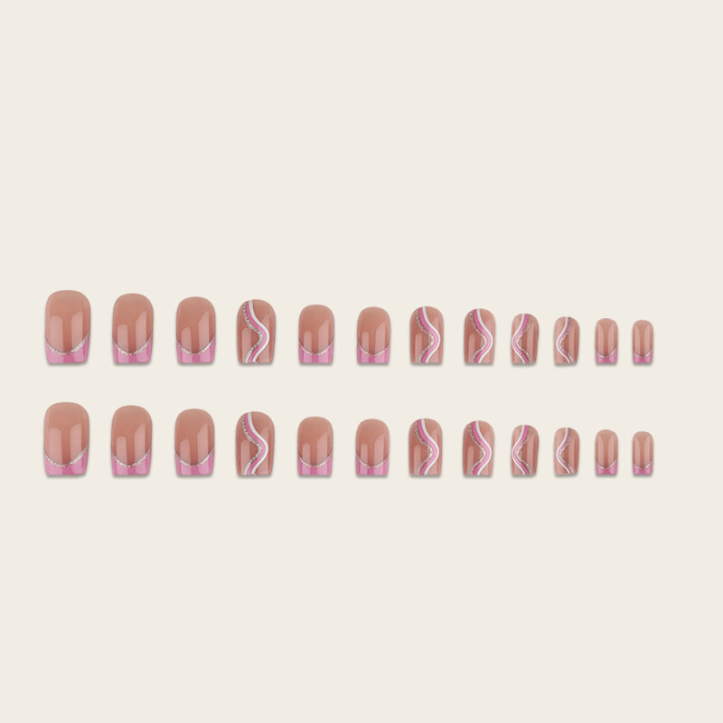 48Pcs Silver Line Rhinestone French Press on Nails, Short Square Pink Fake Nails