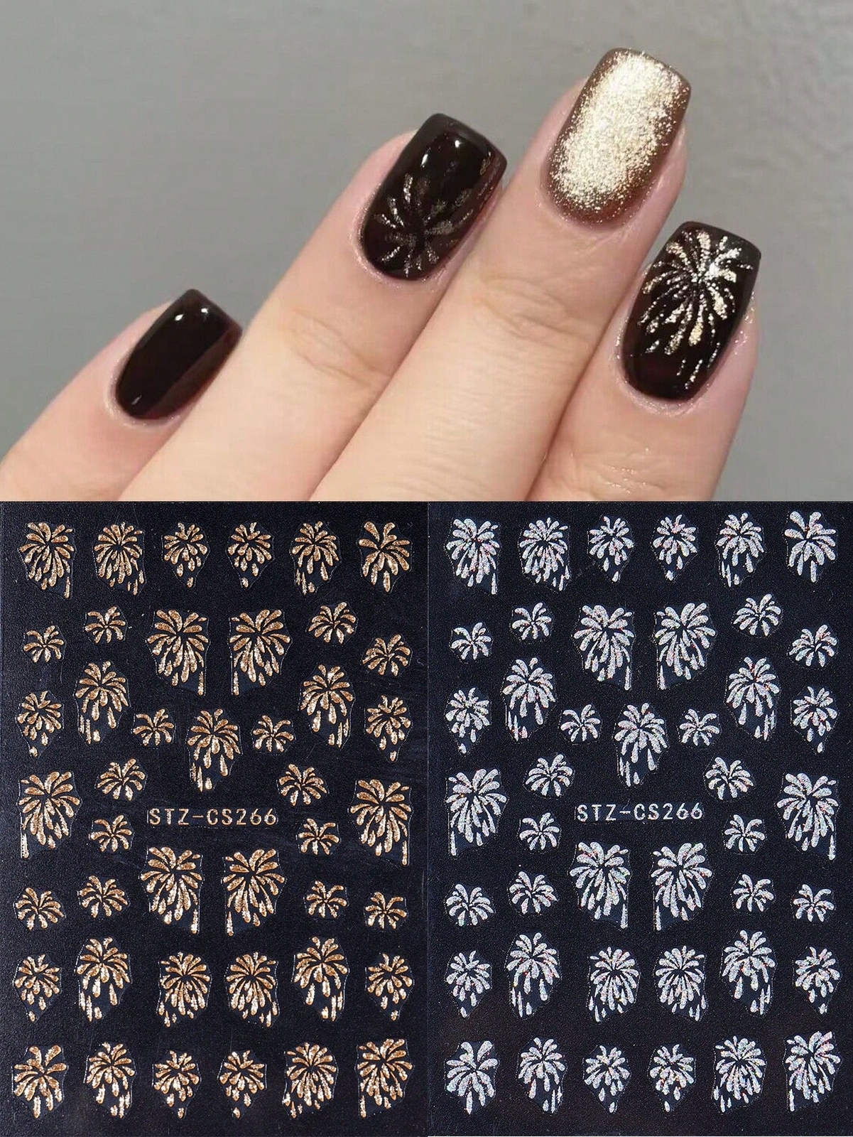 2pcs Gold Silver Fireworks Pattern Nail Art Stickers Self Adhesive Shiny