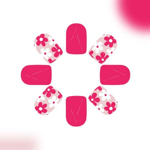 Hot Pink Press on Nails Short Square Fake Nails with Flower Design Floral