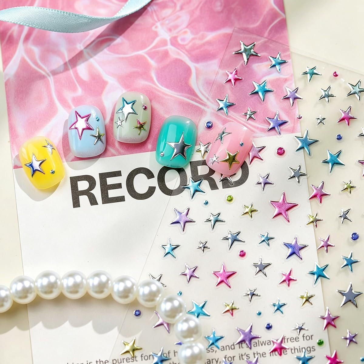 5D Embossed Holographic Nail Stickers Metallic Shiny Star Nail Decals Self-Adhes
